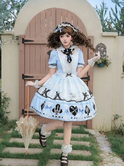 Alice in Wonderland Theme Lolita OP Dress Set with Apron & Rabbit Ear Collar Accessory - Circular chronology Lolita