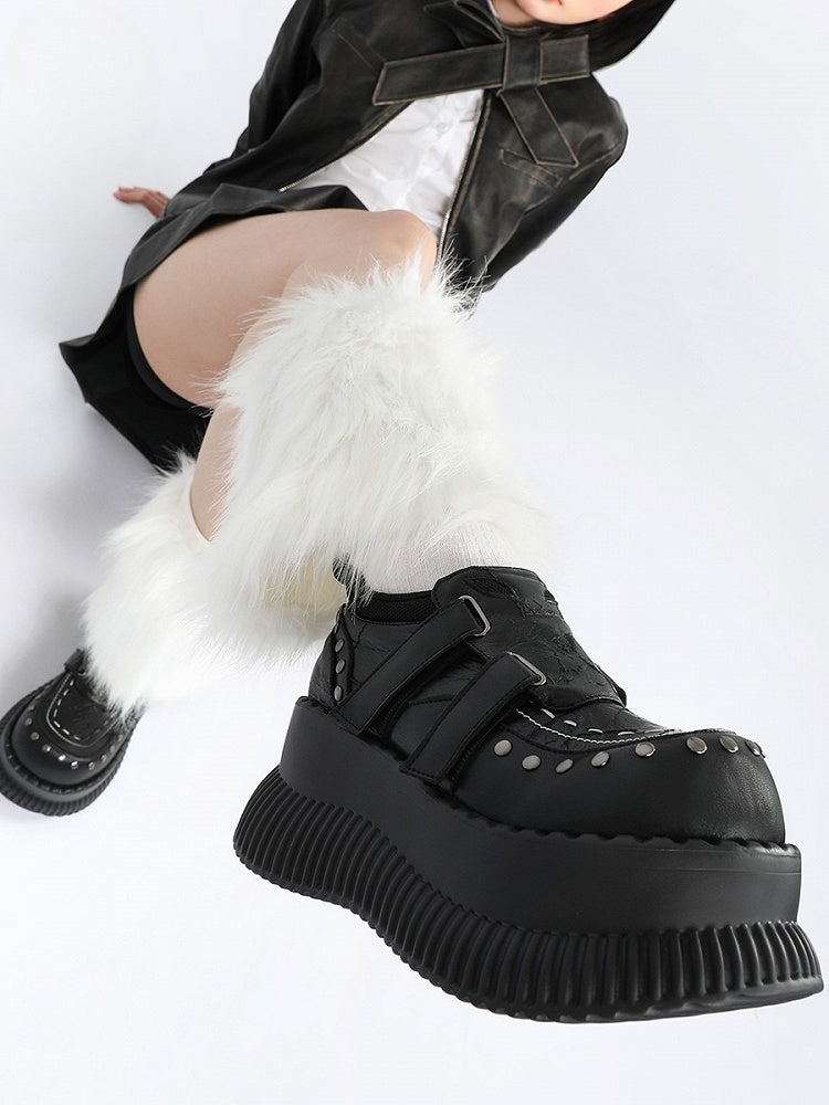 Black Velcro Strap with Design Details Studded Platform Closures - Shoes Punk