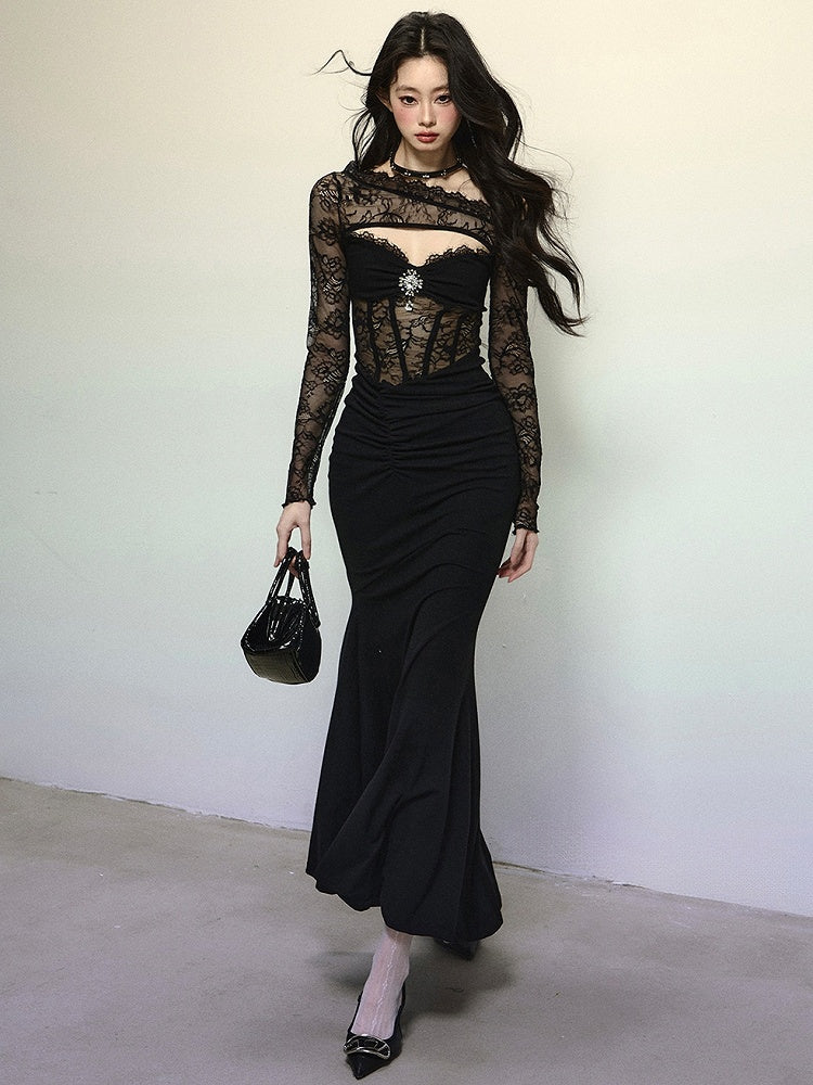 Black Asymmetrical Neckline Semi-sheer Lace Bodice Mermaid Skirt Patchwork Dress Evening Gown