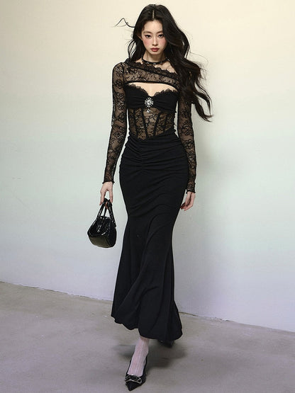 Black Asymmetrical Neckline Semi-sheer Lace Bodice Mermaid Skirt Patchwork Dress Evening Gown