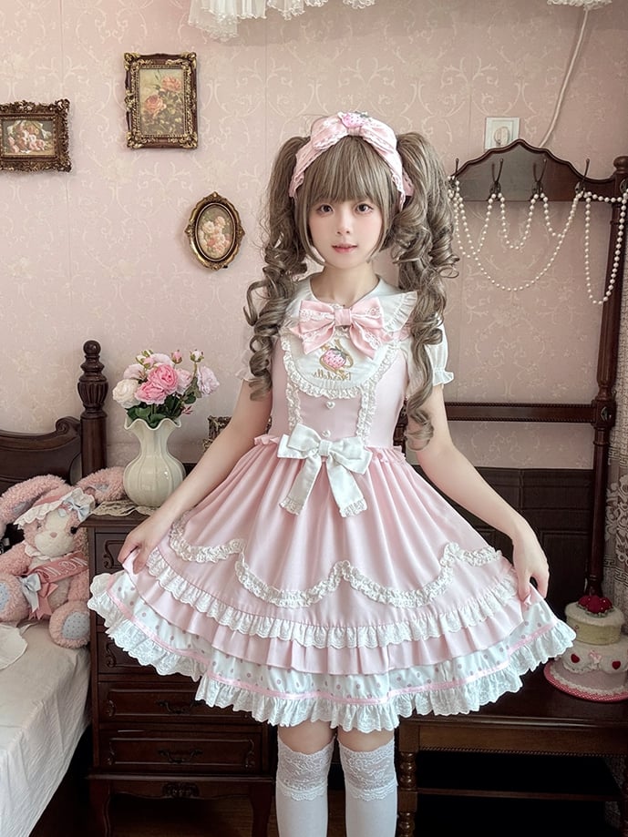 Süßes Lolita-Kleid mit gewelltem Rand und Erdbeerstickerei, Hellrosa JSK