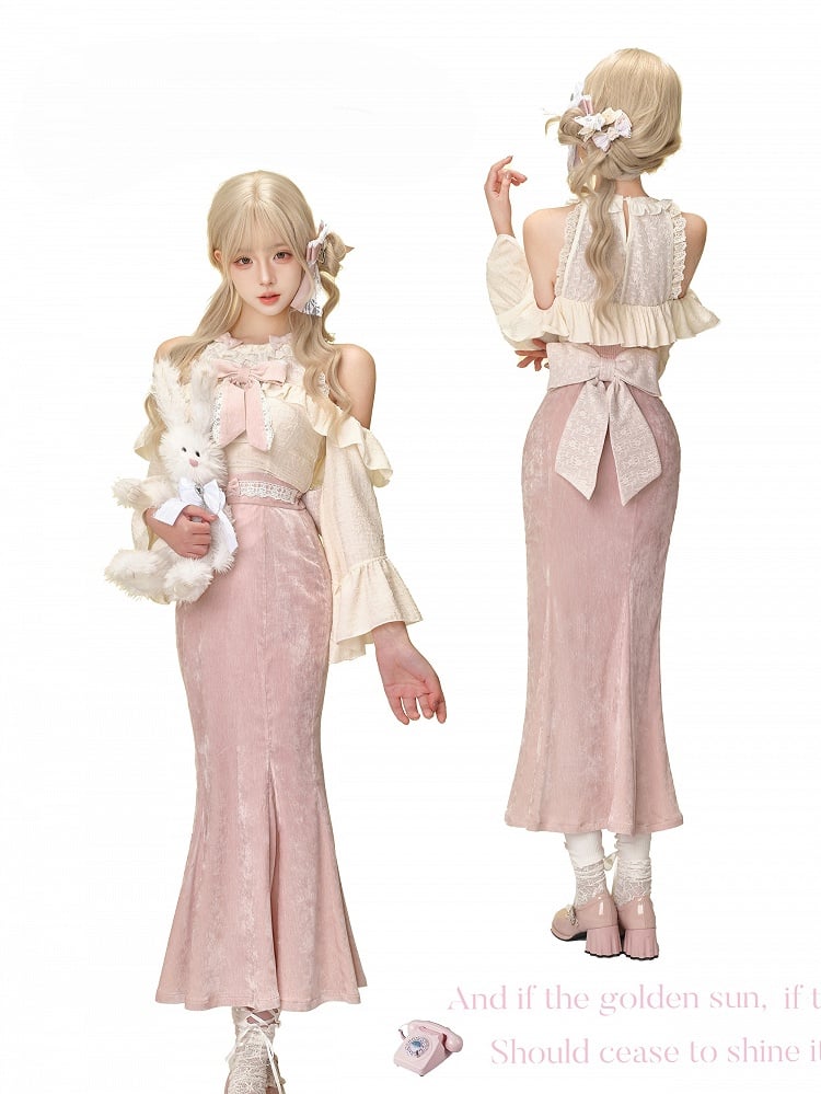 - Length Tea Skirt Pink Mermaid with Bow-Adorned Waistband