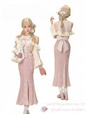 Shoulder Accent Trim Top Lace Bow Cutout Apricot with Ruffle and