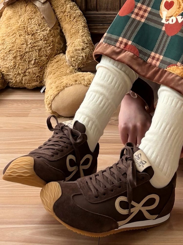 Design Bowknot Ties Front Lace-up Brown Sneakers