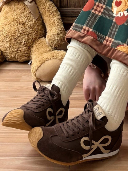 Design Bowknot Ties Front Lace-up Brown Sneakers