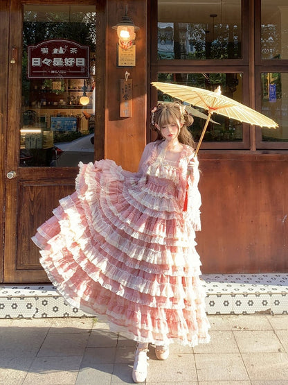 Sweet Dress Pink Adjustable Multi-Layered Ruffle with Lolita and Straps Goldfish Embroidery