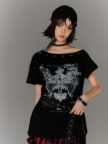 Y2K Black Cross Print Glamorous Belt with Waist T-Shirt