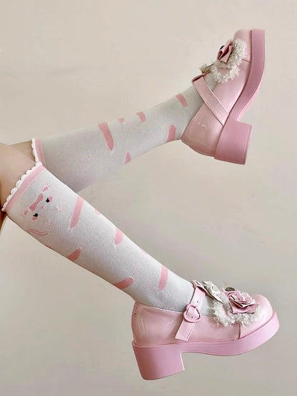 Rosa Muster Weiß Bowknot Print Kitty Socken Lolita Kalb