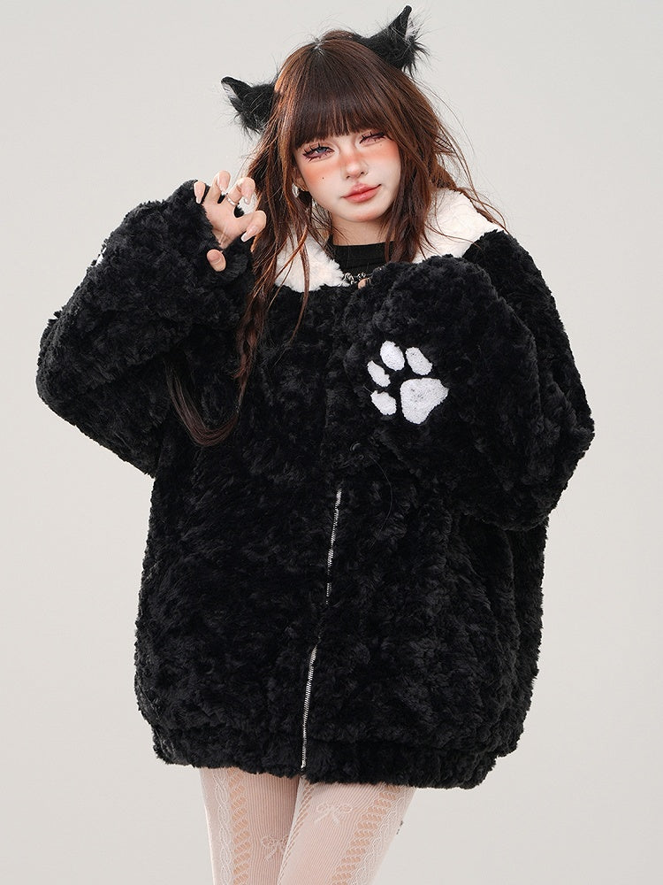 Schwarzer Fleece-Kapuzenpullover mit süßem Katzenkopf und Reißverschluss