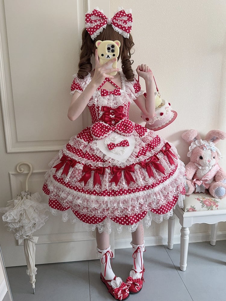 School Polka Bow Sleeves Lolita Dress Short Red Accents Dots Pattern Old