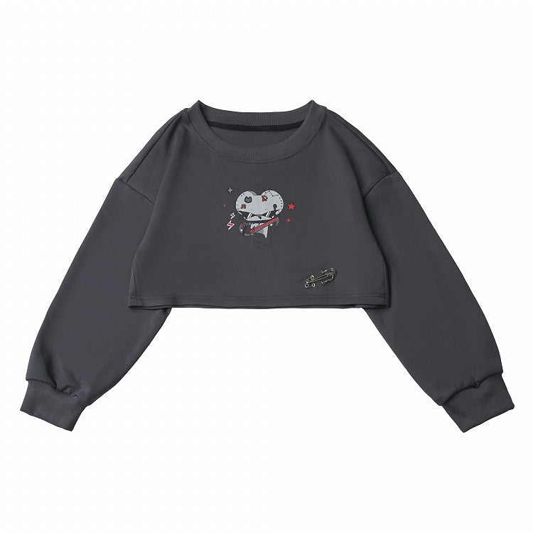 Crew Neck Cropped Sweatshirt in Gray with Cartoon Mouse Print and Safety Pin Detail - PINK SAVIOR