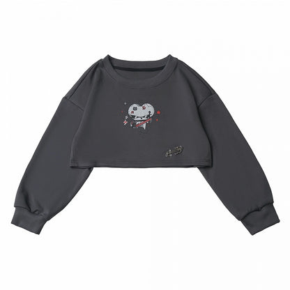 Crew Neck Cropped Sweatshirt in Gray with Cartoon Mouse Print and Safety Pin Detail - PINK SAVIOR