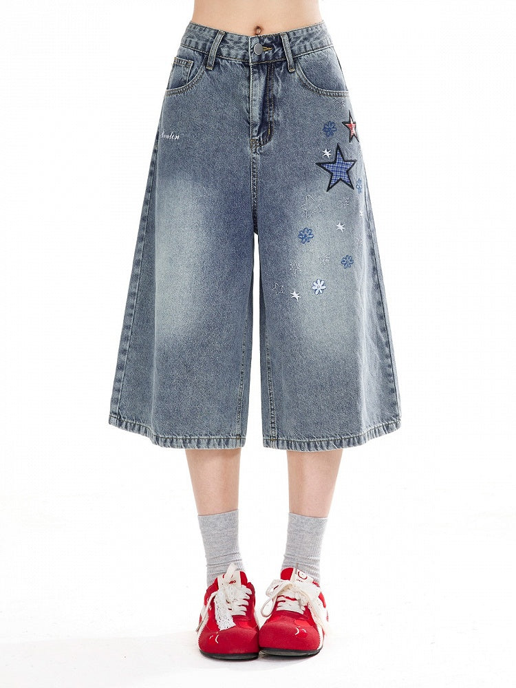 Blue Cropped Wide-Leg Denim Pants Star Appliqué