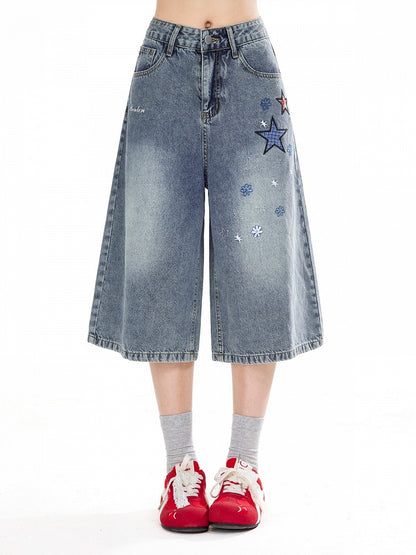 Blue Cropped Wide-Leg Denim Pants Star Appliqué