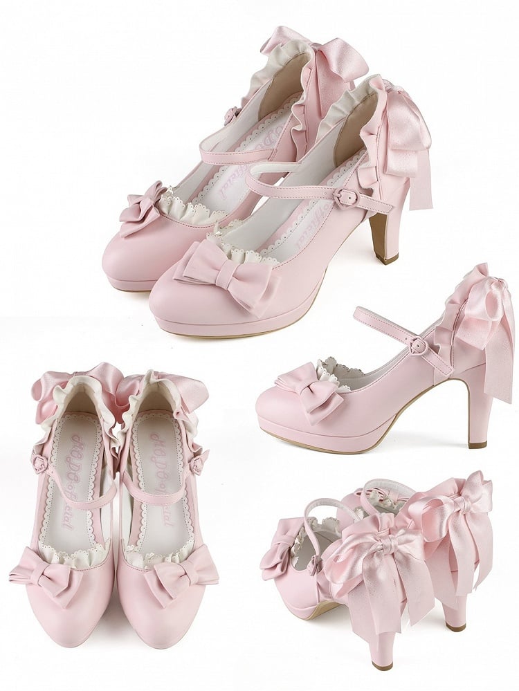 Trim Mary Toe Top Bow Pointed Pink High Lolita - Ruffles Heel at Janes Hime