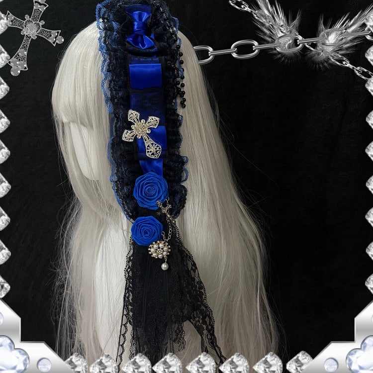 Gothic Hairband Lace Blue Lolita and Black Cross Pearl