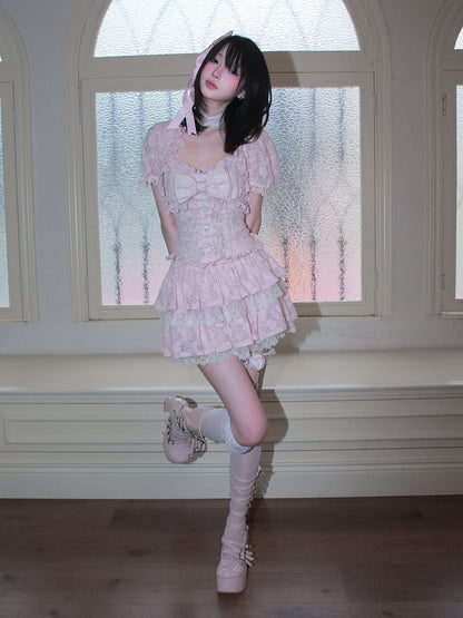 Pink Jacquard Tiered Skirt with Lace and Garter - HBreaker