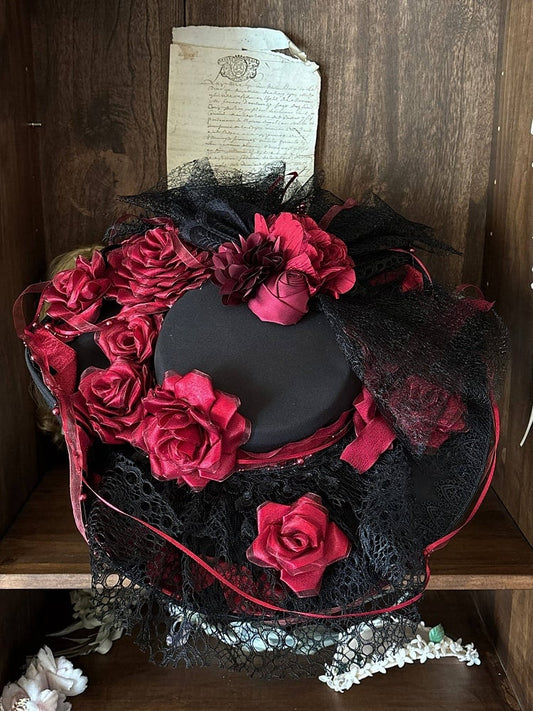 Red Rose Beaded Black Wide-Brim Hat - Rose Crown