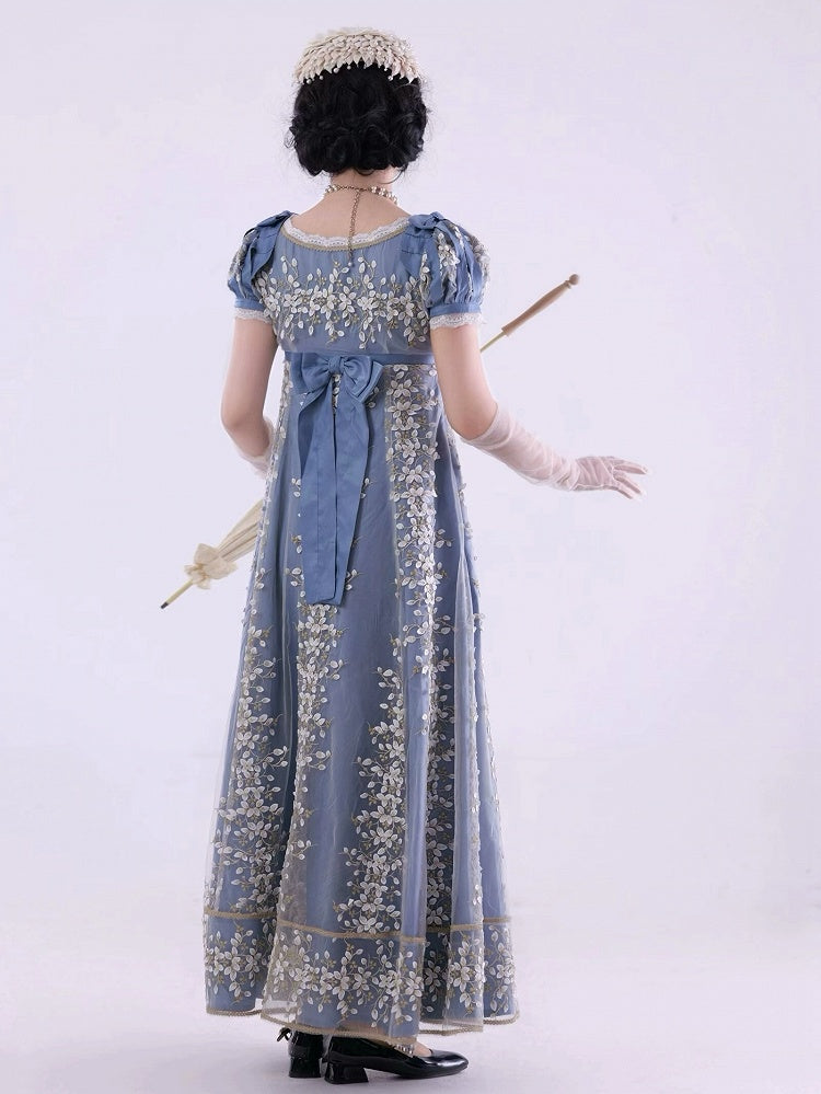 ブルーエンパイアウエストリージェンシーエレガントロリータマキシドレス足首丈バージョン