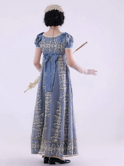 ブルーエンパイアウエストリージェンシーエレガントロリータマキシドレス足首丈バージョン