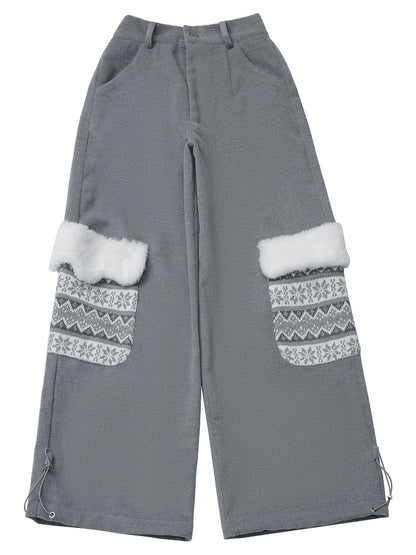 Straight-Leg Pockets Patterned Isle Pants with Gray Plush Fair