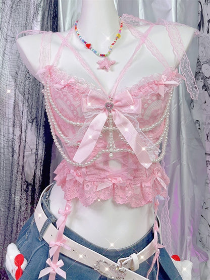 Pink Cross Top Beaded Lace Cami With Y2K Bow Charm Chains