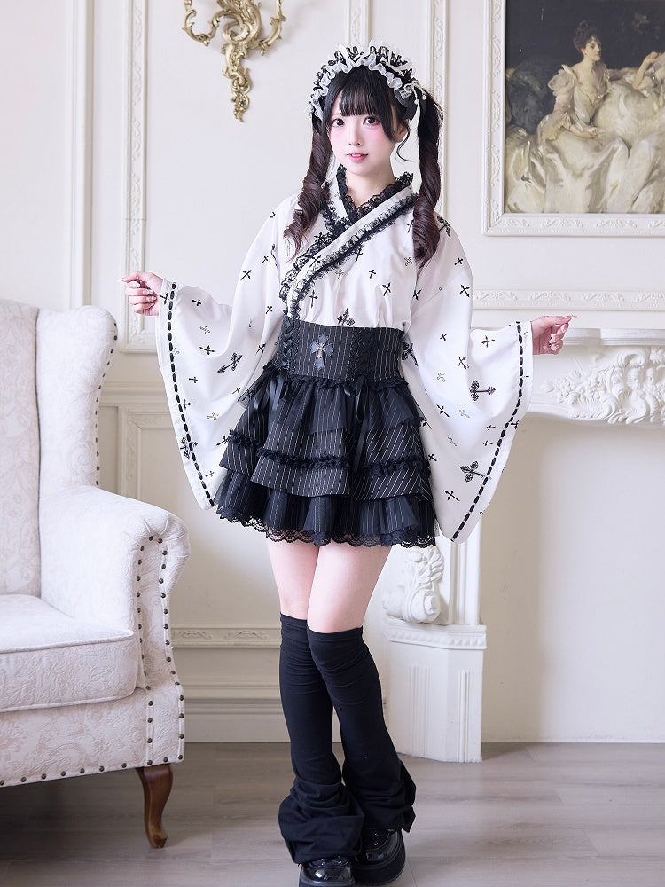with Bell Sleeves Wrap Top Gothic Cross Print Black Jirai Kei Kimono-Style White