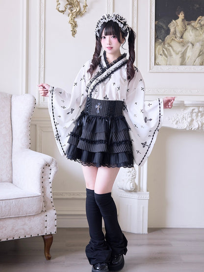 with Bell Sleeves Wrap Top Gothic Cross Print Black Jirai Kei Kimono-Style White