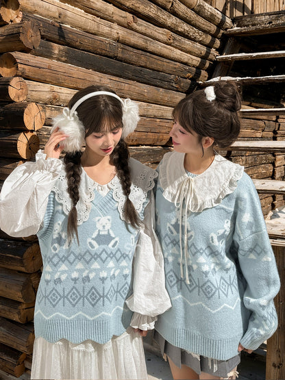 Blue Teddy Bears Pattern Round Neck Cozy Sweater