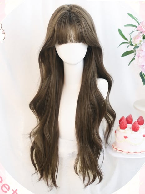 Perücke mit 65–70 cm gewelltem, luftbraunem, langem Pony