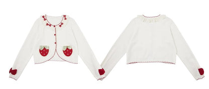 ホワイトの長袖ストロベリーアップリケカーディガン