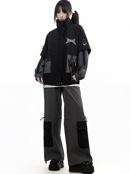 Techwear Black & Gray Faux Two-Piece Stand Collar Jacket with Print & 3D Pockets - PINK SAVIOR