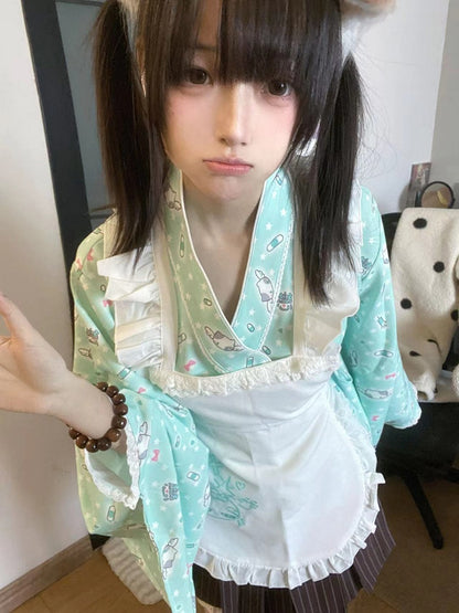 Wrap Set: 3-Piece Top Kimono Green Style Mint Maid-Inspired