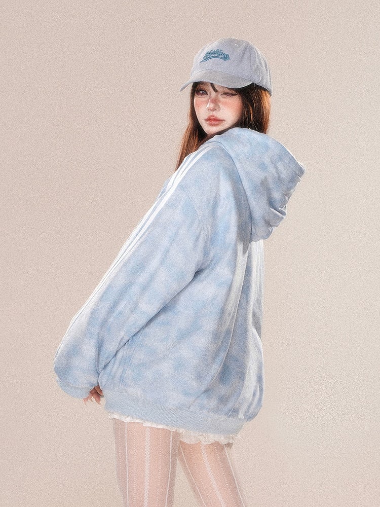 Dicke Wendejacke mit Kapuze und rosa-blauem Buchstabenmuster