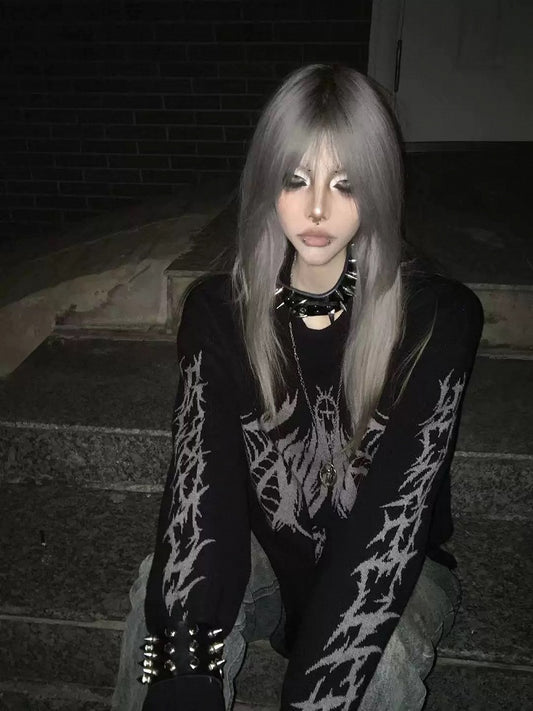 Skeletal Print Gothic Black Sweater Wing with