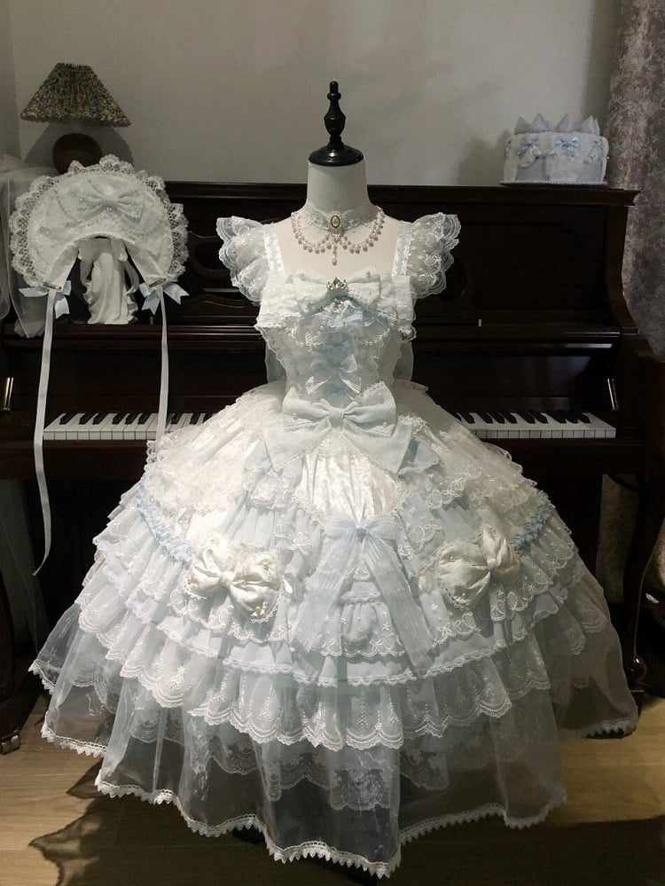 Sleeves Light Flutter Dress with Layered Blue Lace Lolita Princess