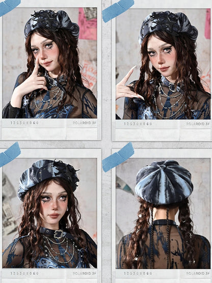 グランジパンクロックスタースタッドブルー＆ブラックタイダイベレー帽