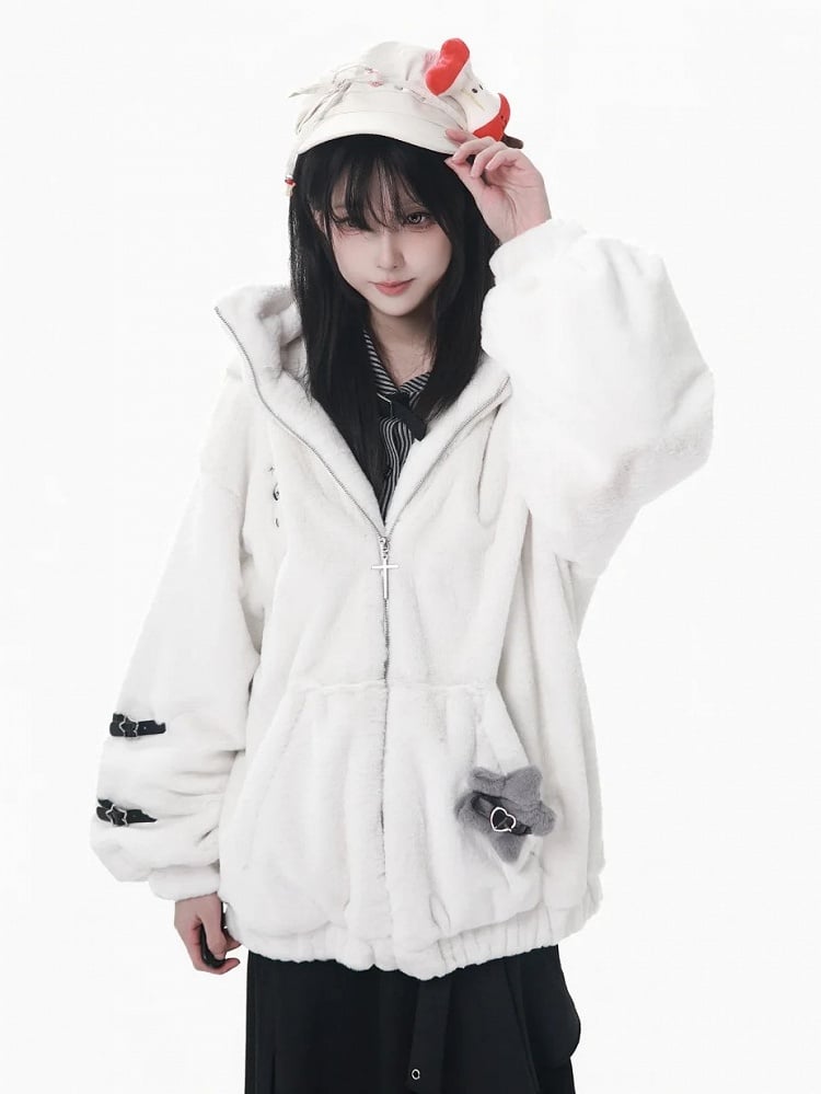 Hooded with Bear Ear Plush Embroidery Black/White Buckle Strap and Lined Pin Accents Coat
