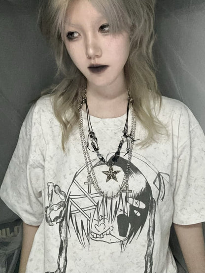 ライトグレーのオーバーサイズY2K Tシャツ