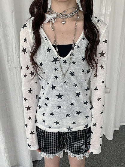 White Sheer Hooded Long Sleeve Top with Star Print Decoration - Solkatt