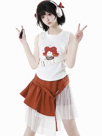 取り外し可能なバックルストラップ付きホワイトカートゥーンプリントコットンタンクトップ