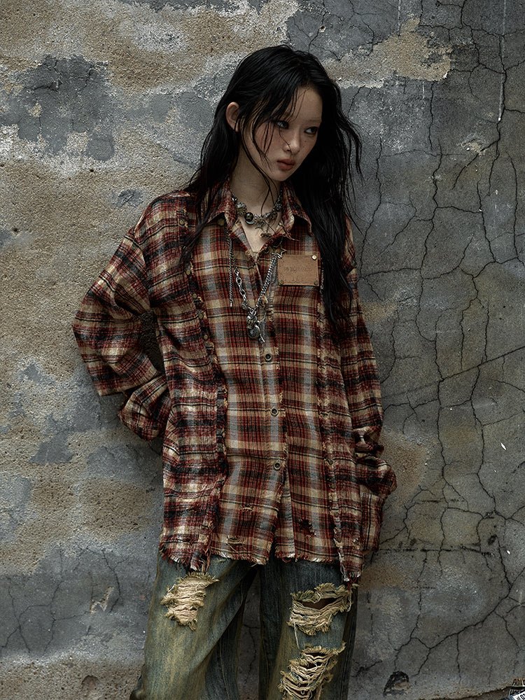 Punk Cotton-linen Red-brown Handcrafted Plaid Tie-dye Shirt