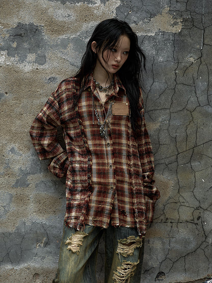 Punk Cotton-linen Red-brown Handcrafted Plaid Tie-dye Shirt