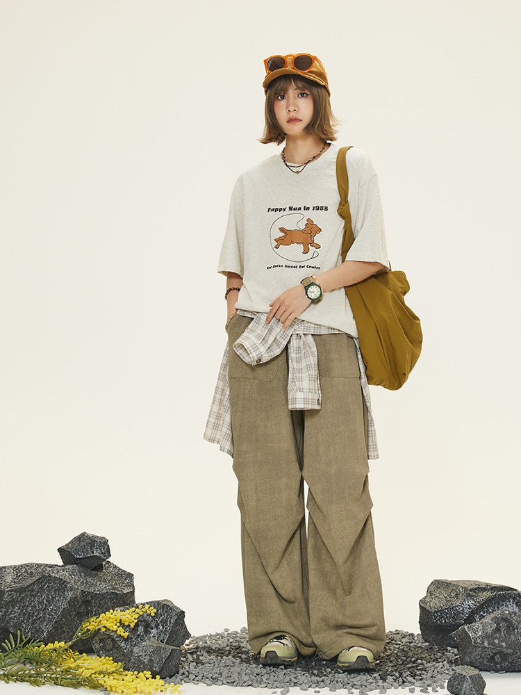 Cut Pants Belt Drawstring Vintage - Straight-leg Self-tie Unisex Khaki