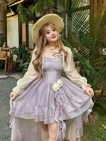 Purple Rose Themed High-Low Skirt Dress with Asymmetrical Train - Hard Candy