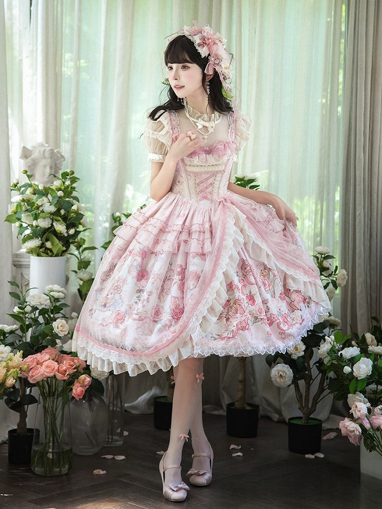 Pink Deer & Floral Print Flutter Sleeves Sweet Lolita JSK Dress with Overlay - Honey Machine