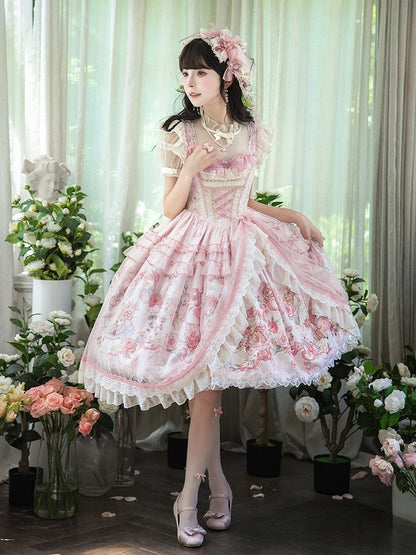 Pink Deer & Floral Print Flutter Sleeves Sweet Lolita JSK Dress with Overlay - Honey Machine