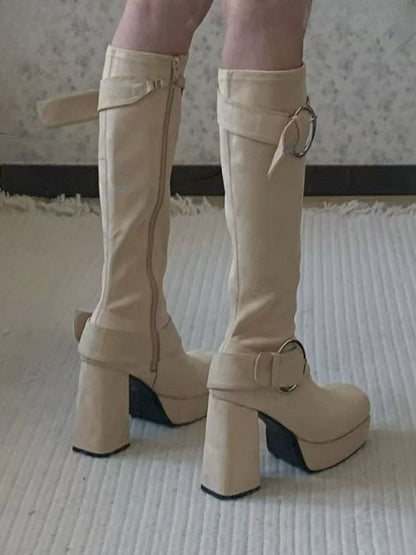 Lolita Heel Khaki - Inner Zip Knee-High Block Buckle Square Platform Boots High with Toe Accents