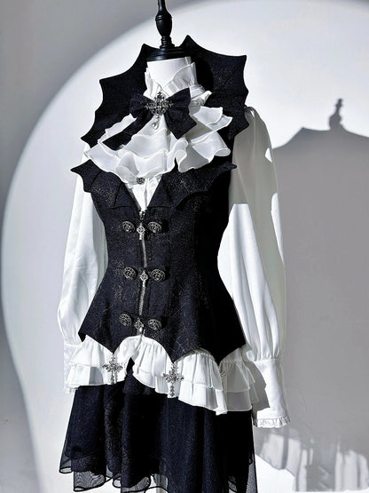 Gothic Ensemble: White & Black Lolita Shirt, Cross Charm Waistcoat, Spider Web Skirt - Unknown Star