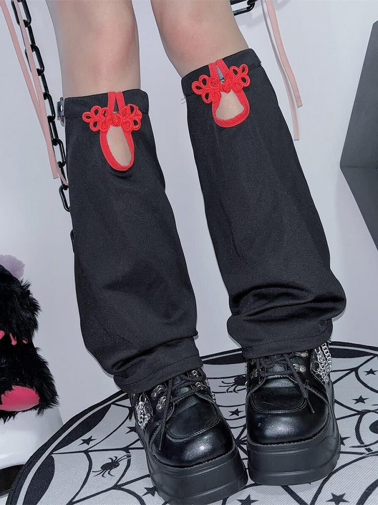 Y2K Beinwärmer SchwarzRot Knotenknopf Cheongsam Stil